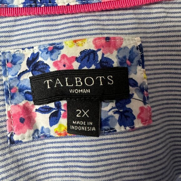 Talbots shirt sz 2X XXL Button Up  Blue Strips Floral Accent Cotton Lightweight - Picture 4 of 5